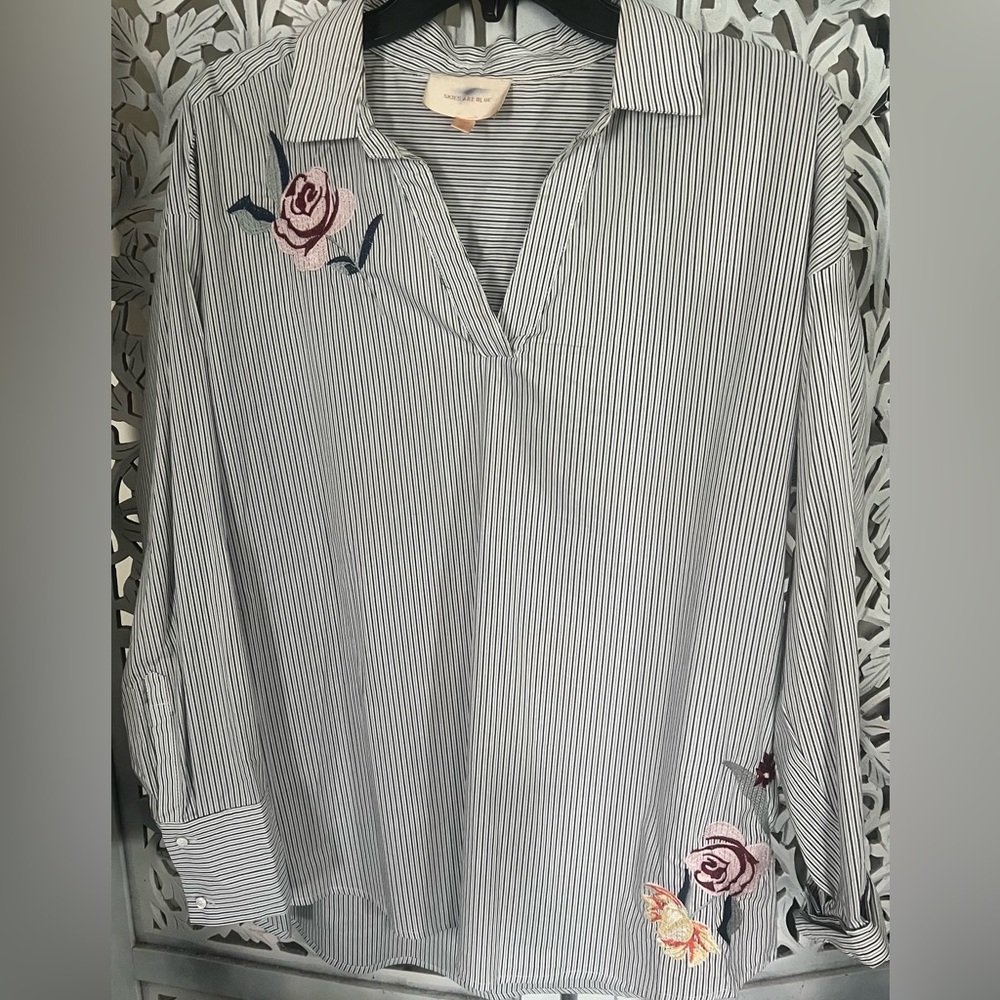 SKIES ARE BLUE (BLUE STRIPPED EMBROIDERED TOP)